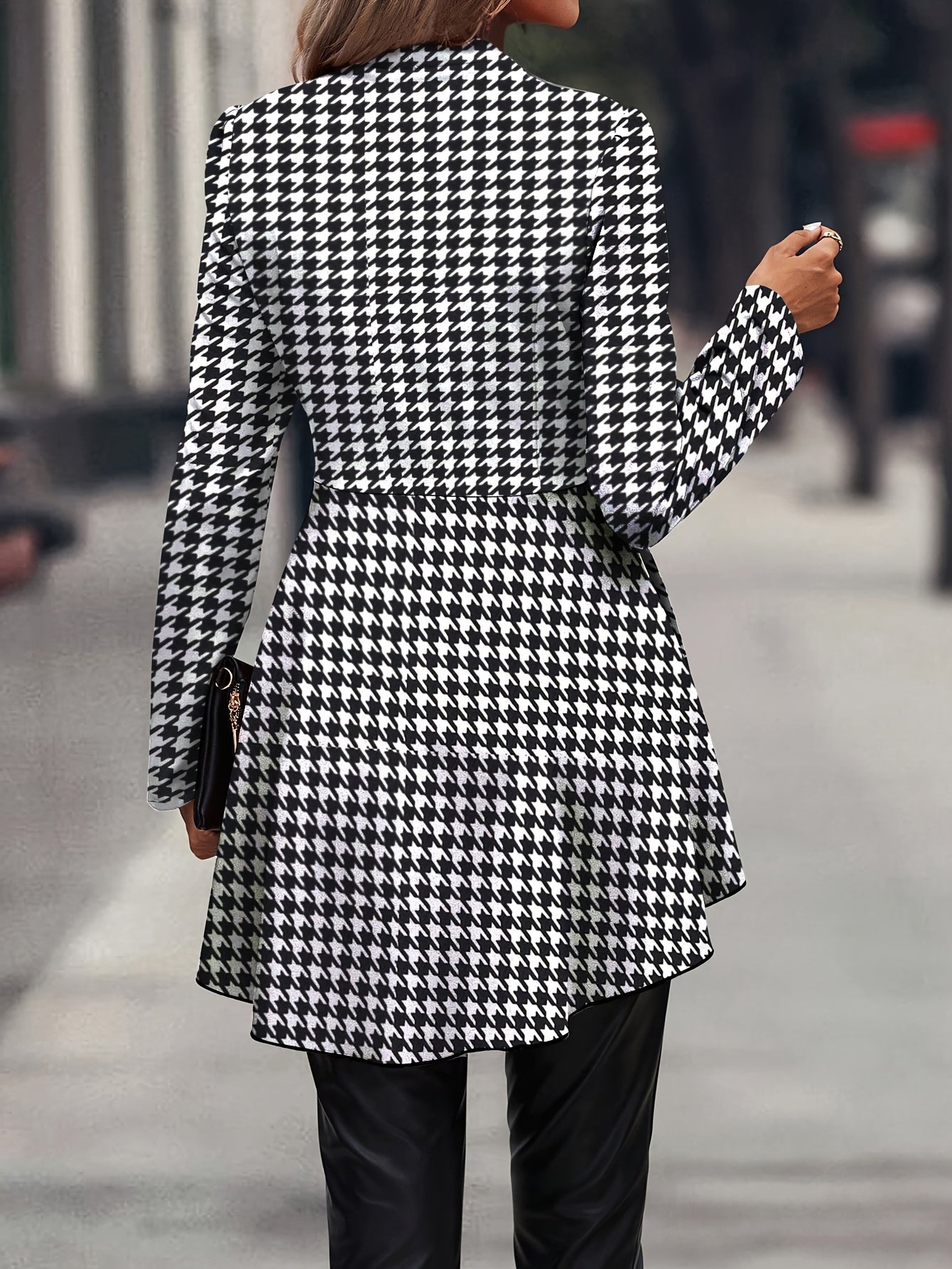 Elegant Houndstooth Print Long Sleeve Ruffle Trim Zip Up Jacket