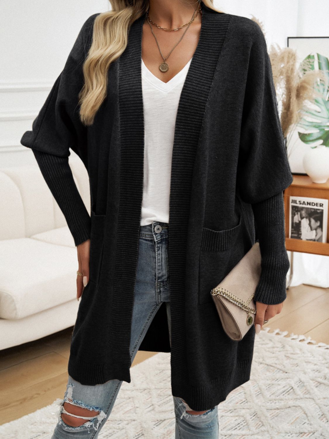 Open Front Long Sleeve Cardigan black