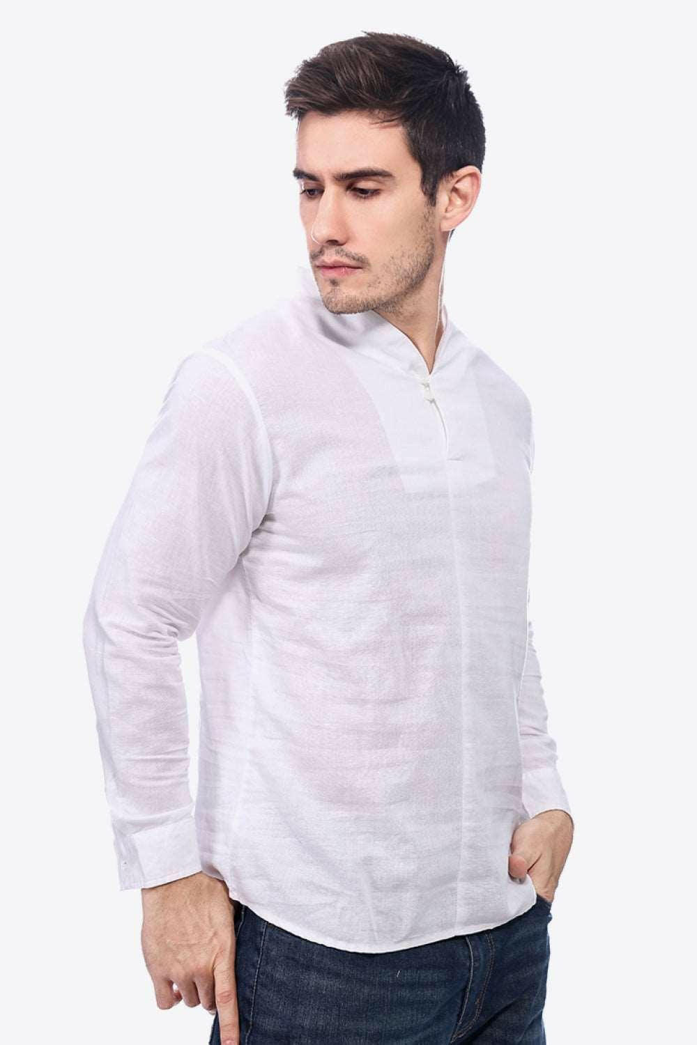 Buttoned V-Neck Long Sleeve Linen Tee 