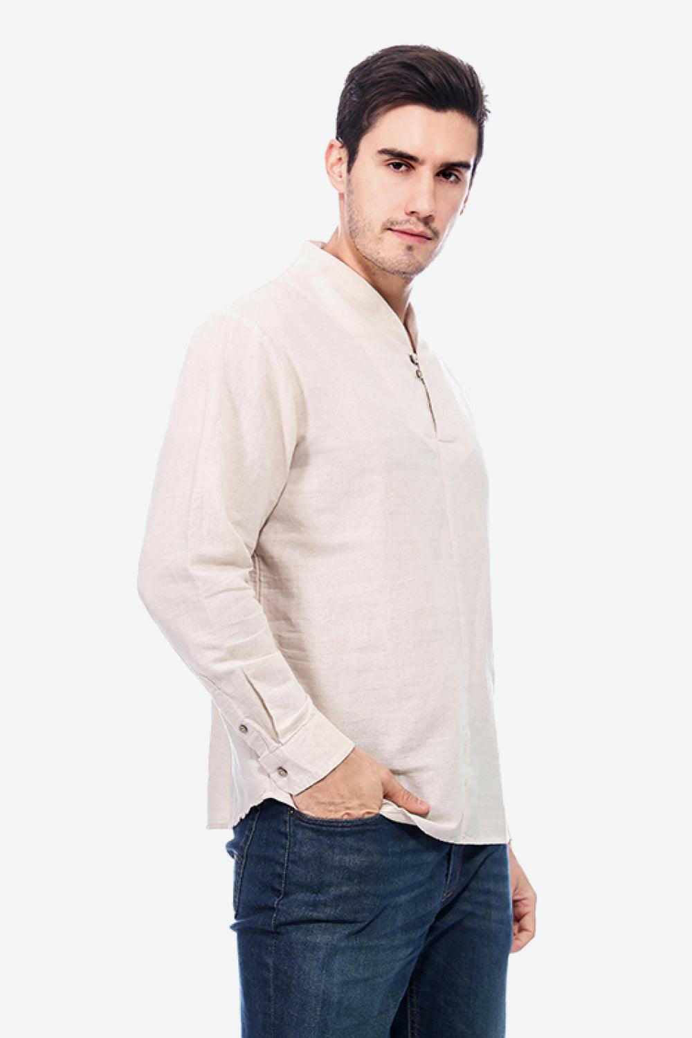 Buttoned V-Neck Long Sleeve Linen Tee 