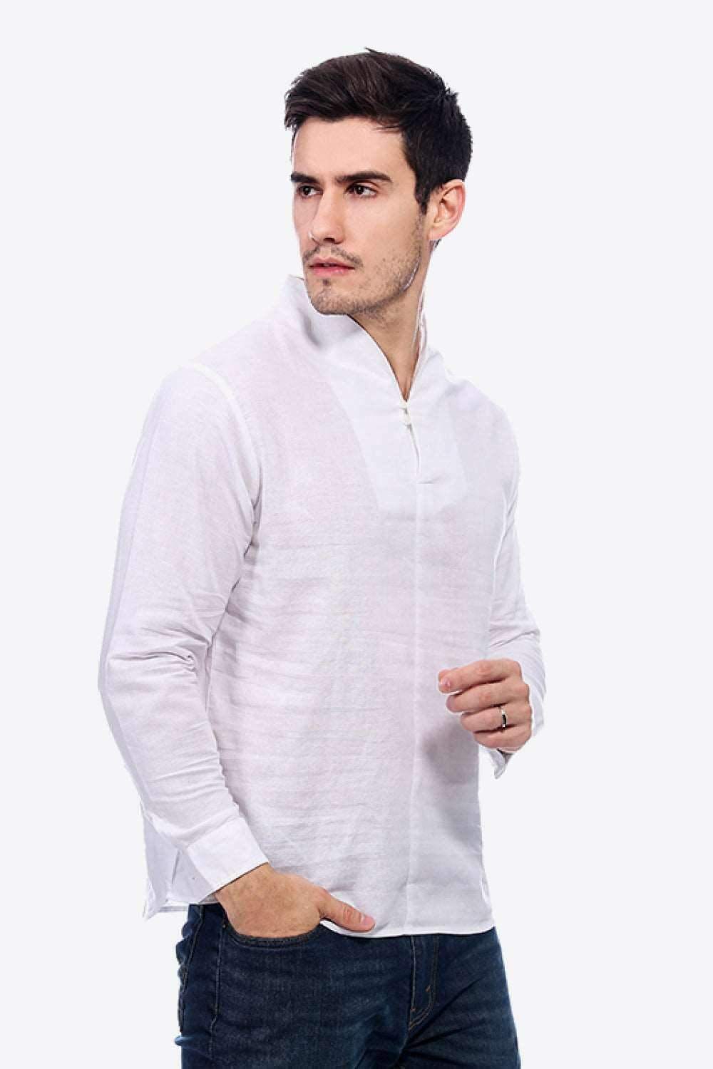 Buttoned V-Neck Long Sleeve Linen Tee 