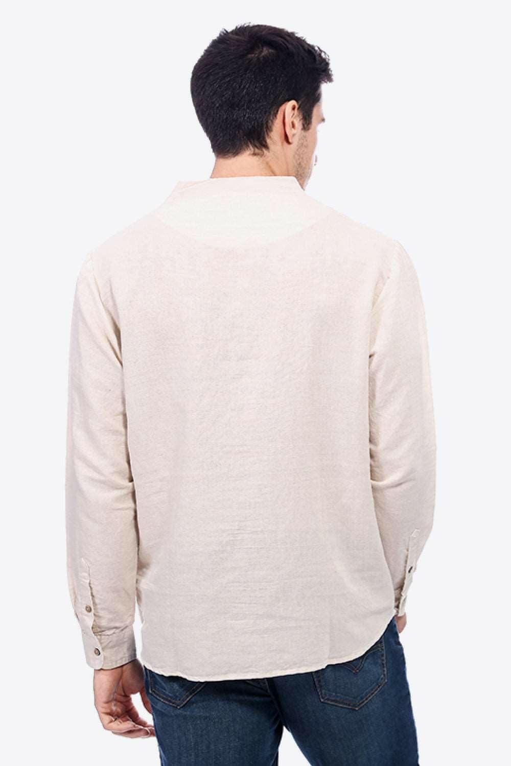 Buttoned V-Neck Long Sleeve Linen Tee 