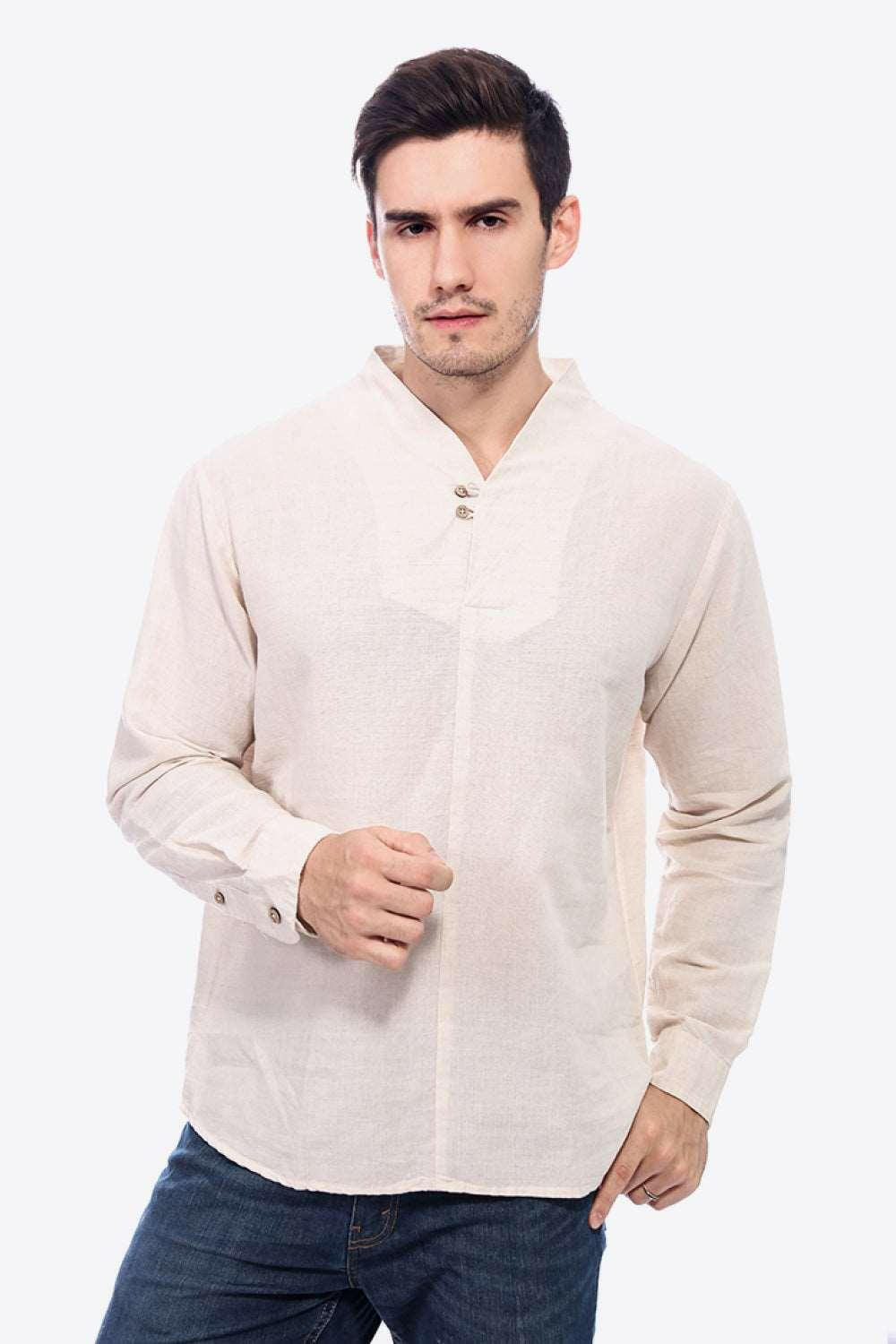 Buttoned V-Neck Long Sleeve Linen Tee 