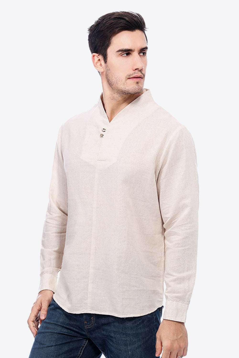 Buttoned V-Neck Long Sleeve Linen Tee 