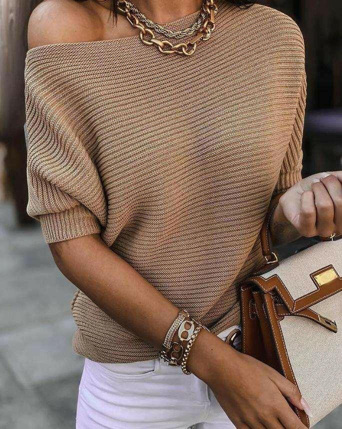 Casual Round Neck Rib-Knit Sweater 