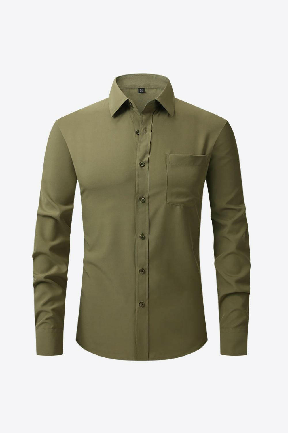 Button-Up Long Sleeve Pocket Collared Shirt 