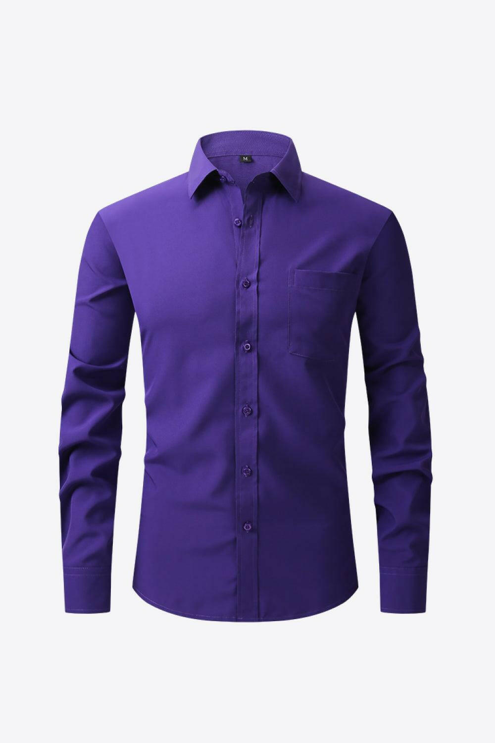 Button-Up Long Sleeve Pocket Collared Shirt 