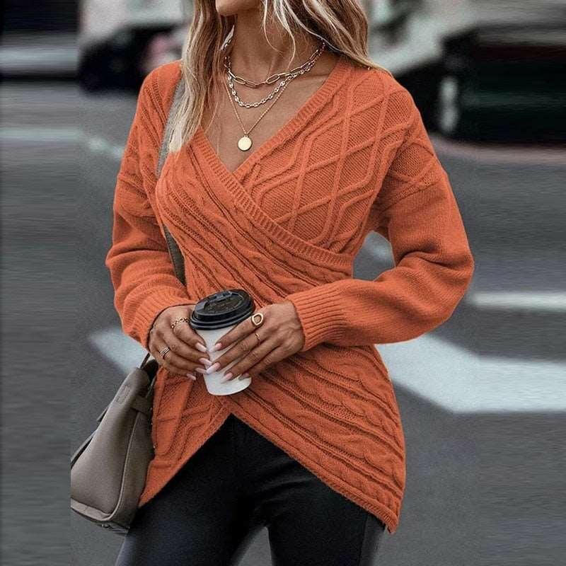 Criss-Cross V Neck Long Sleeve Slim Sweater