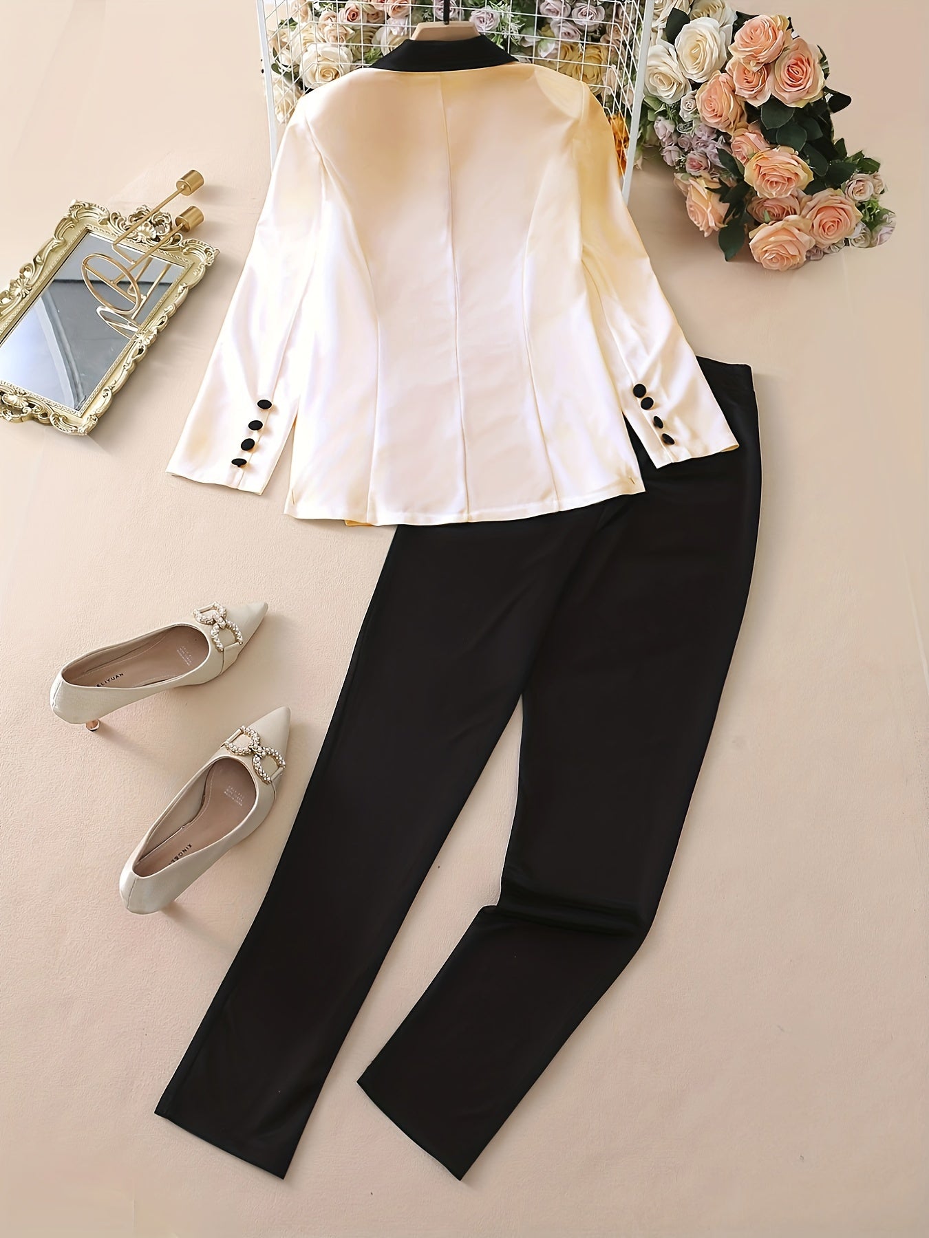 Two-Piece Casual Blazer and Straight Leg Pants Set (Apricot)