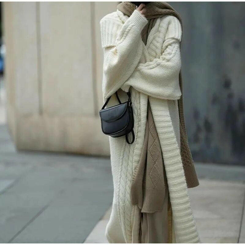 Long Knitted Cardigan Lapel Sweater Coat