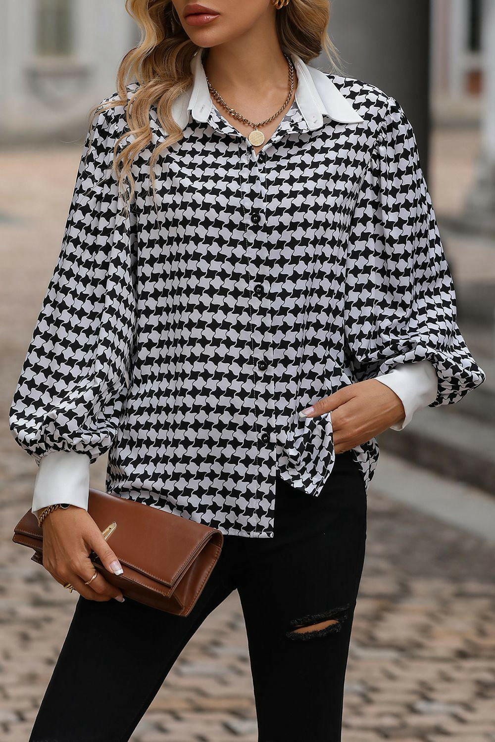 Houndstooth Print Lapel Neck Shirt | On sale | 95% polyester