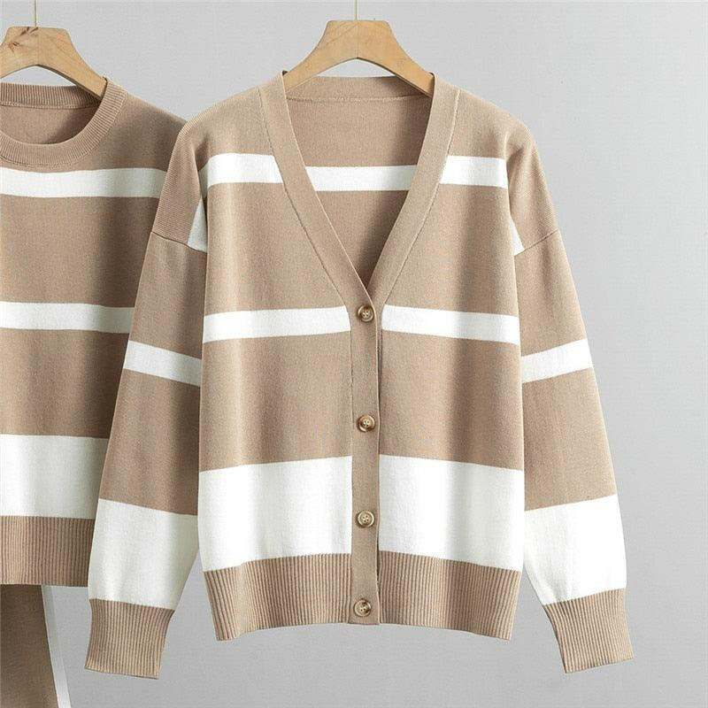 Women’s 3 Piece Striped Sweater Jacket + Pants Set | On sale