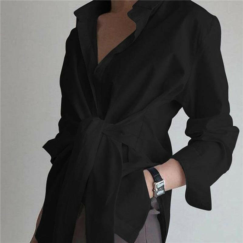 Long Sleeve Lapel Front Tie Shirt 