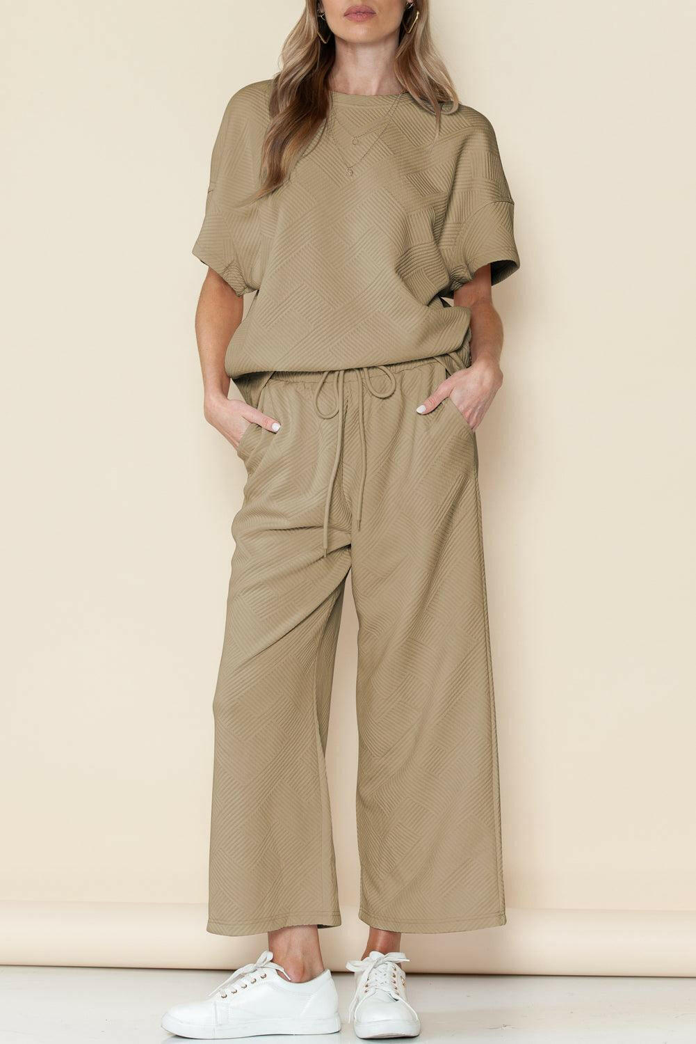 Textured Loose Fit T Shirt and Drawstring Pants Set