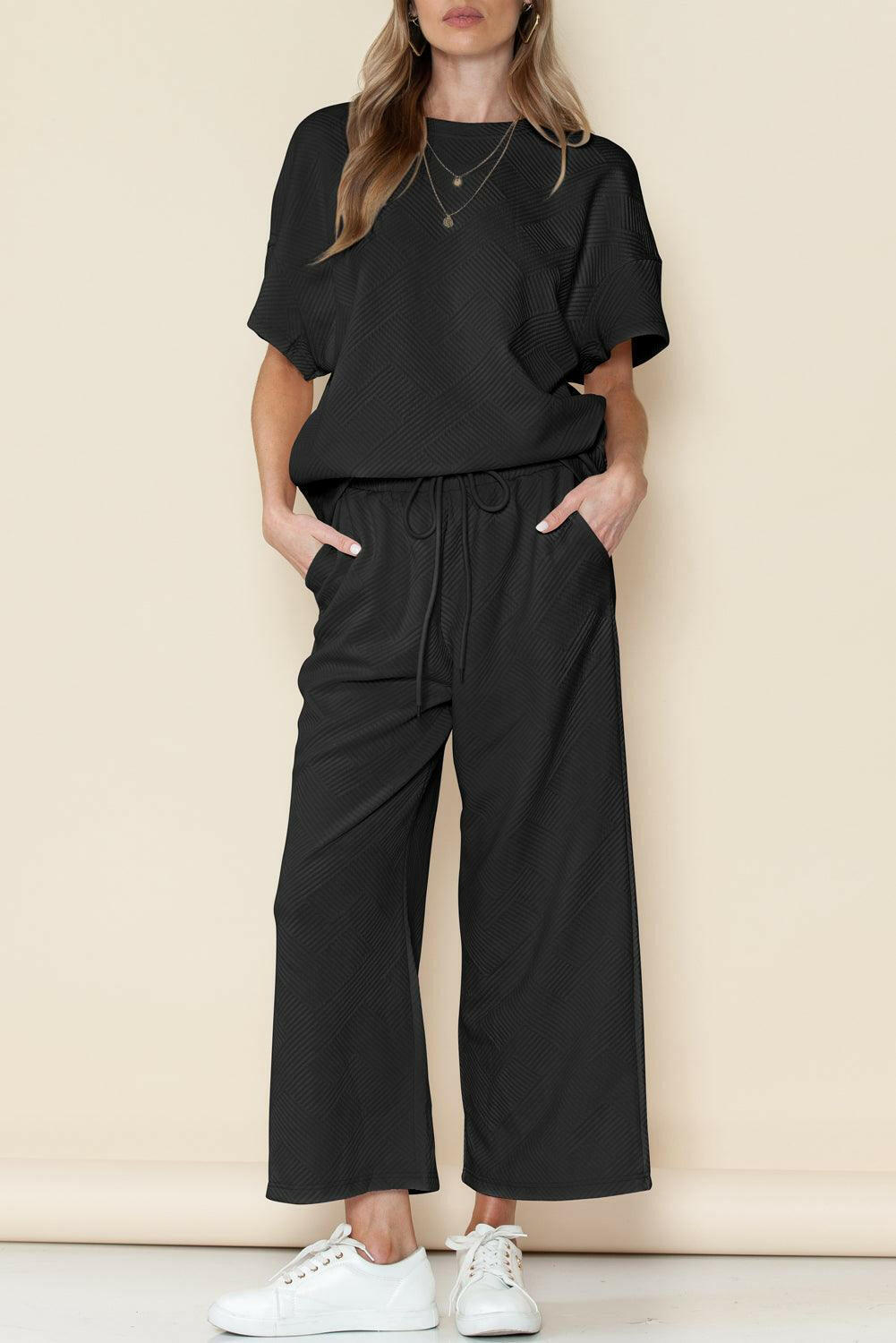 Textured Loose Fit T Shirt and Drawstring Pants Set