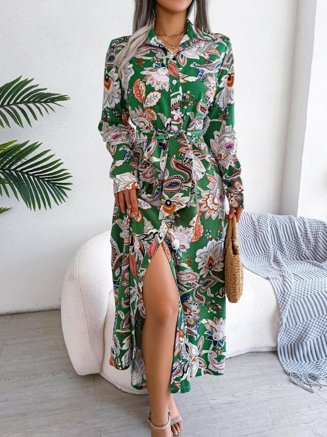 Tied Printed Long Sleeve Midi Dress for Effortless Elegance