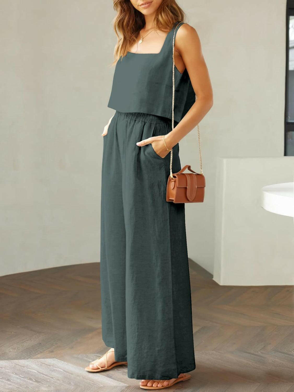 Square Neck Top and Wide Leg Pants Set for Timeless Elegance