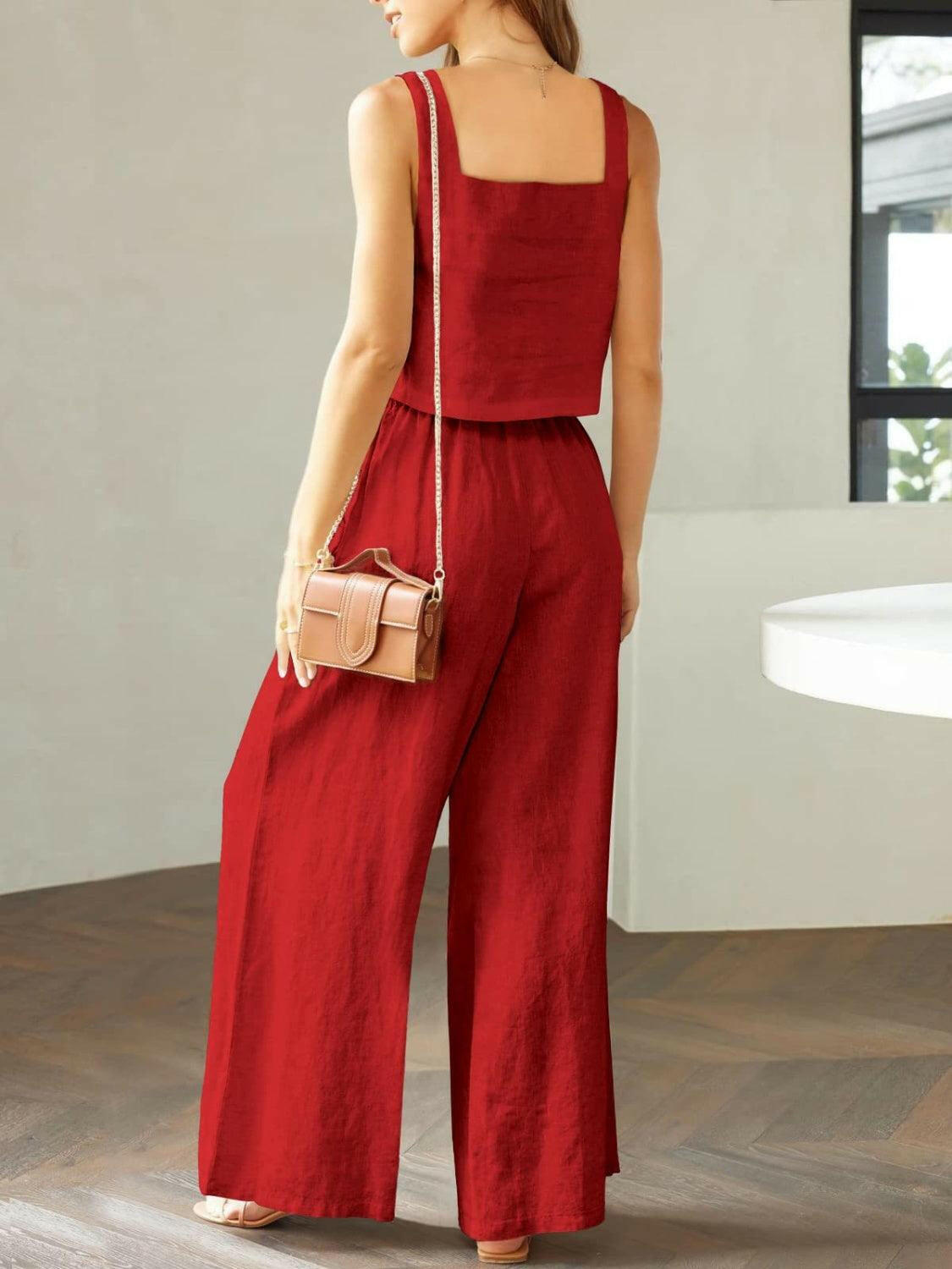 Square Neck Top and Wide Leg Pants Set for Timeless Elegance