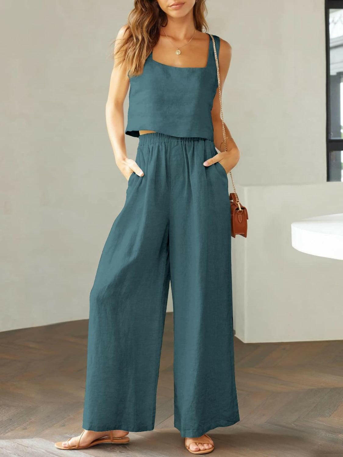 Square Neck Top and Wide Leg Pants Set for Timeless Elegance