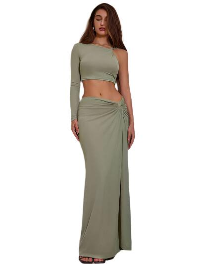 Single Shoulder Top and Split Skirt Set