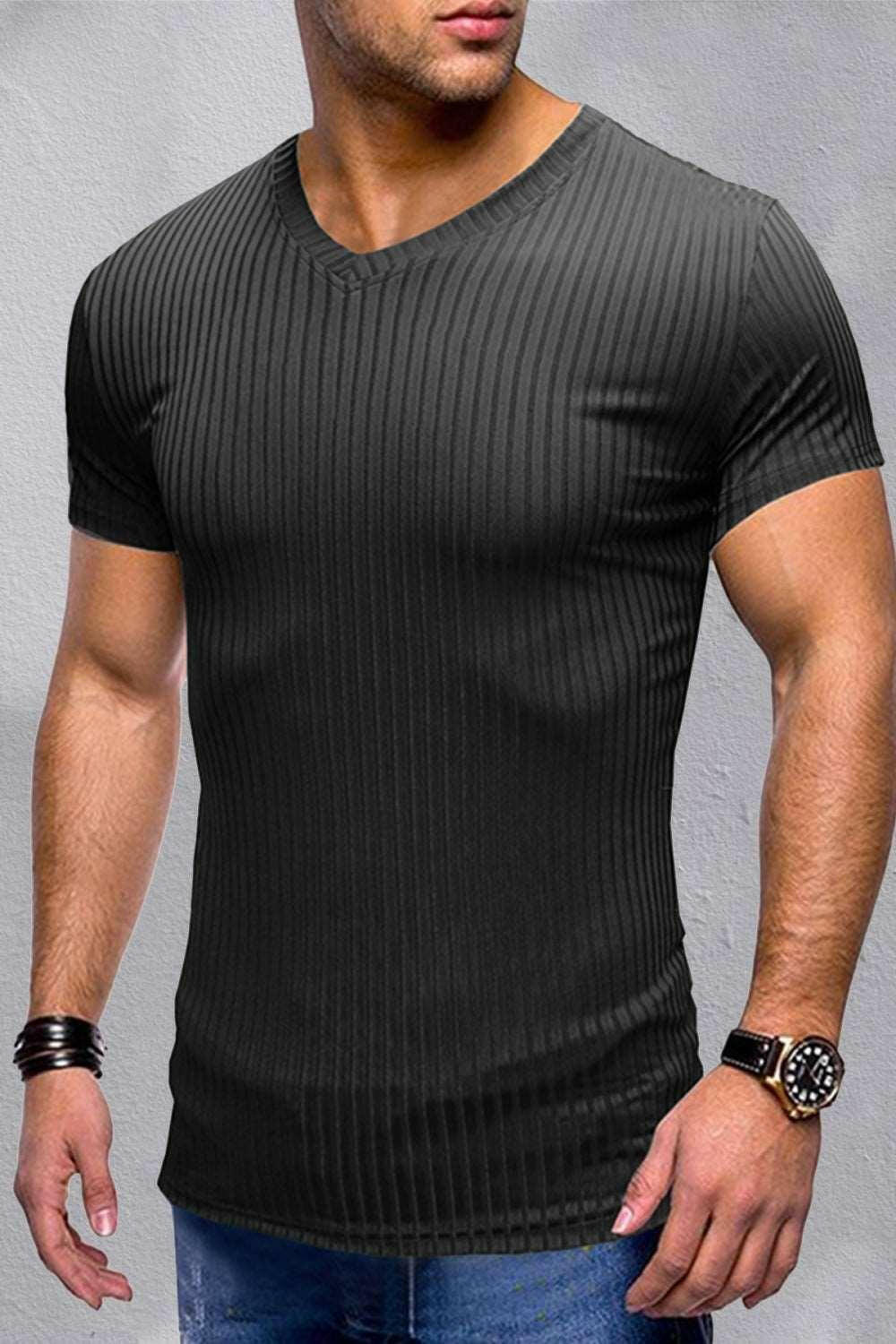 Ribbed V-Neck Short Sleeve Tee 