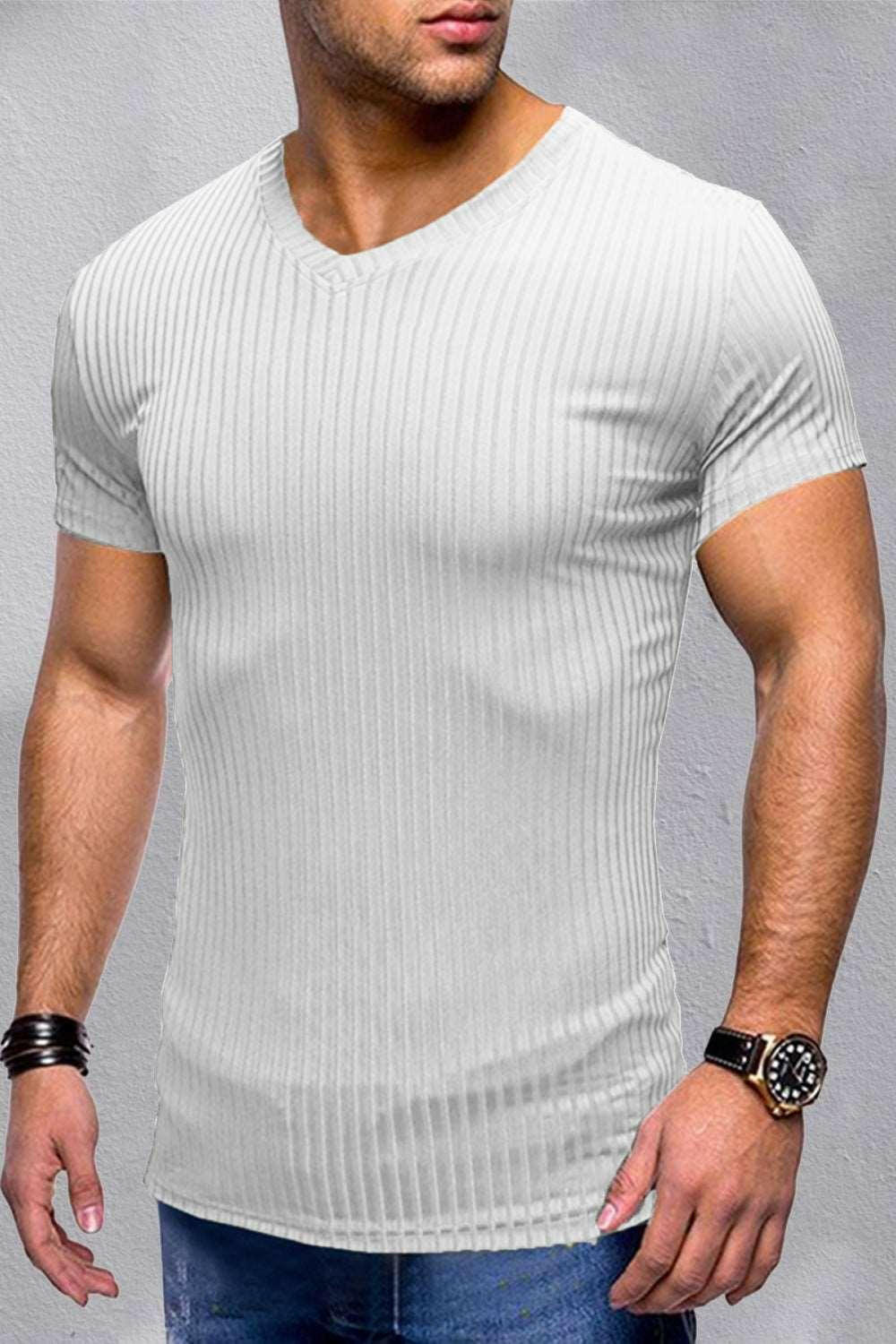 Ribbed V-Neck Short Sleeve Tee 