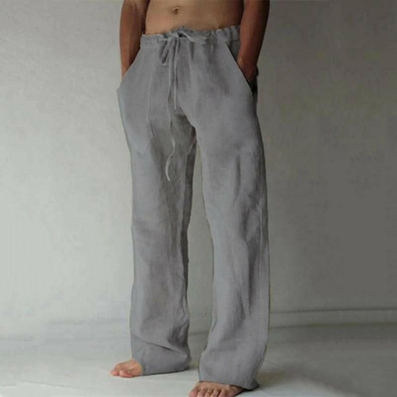 Casual Men&#39;s Cotton Linen Pants Fashion Solid Pocket Drawstring Baggy Trousers Comfort Loose Wide Leg Pant Streetwear Sweatpants 