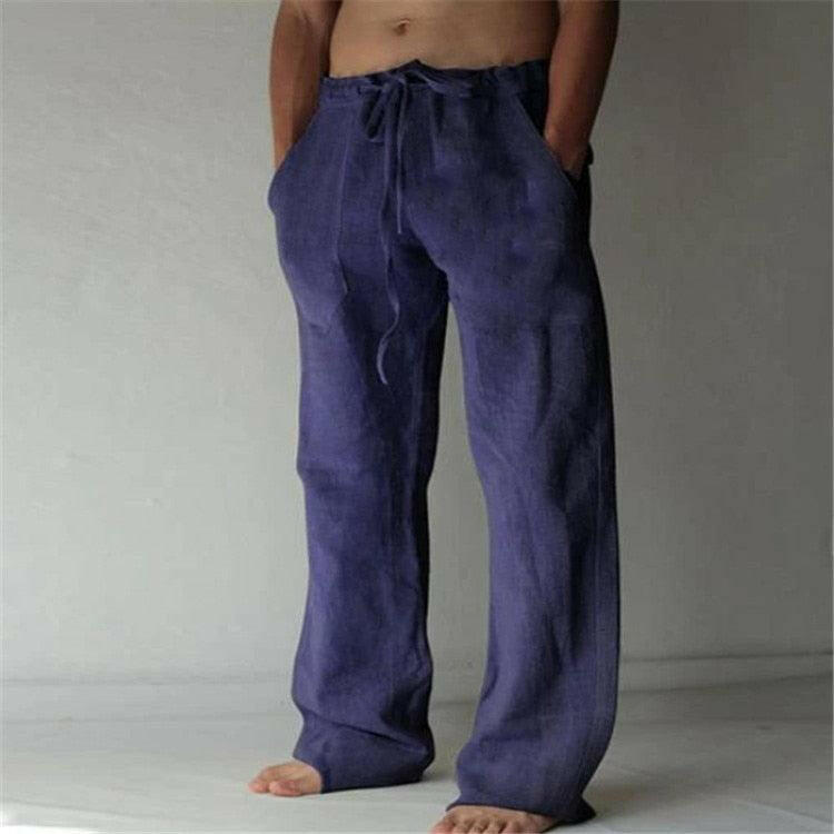 Casual Men&#39;s Cotton Linen Pants Fashion Solid Pocket Drawstring Baggy Trousers Comfort Loose Wide Leg Pant Streetwear Sweatpants 