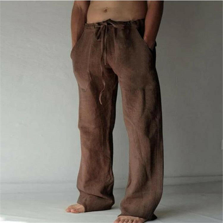 Casual Men&#39;s Cotton Linen Pants Fashion Solid Pocket Drawstring Baggy Trousers Comfort Loose Wide Leg Pant Streetwear Sweatpants 