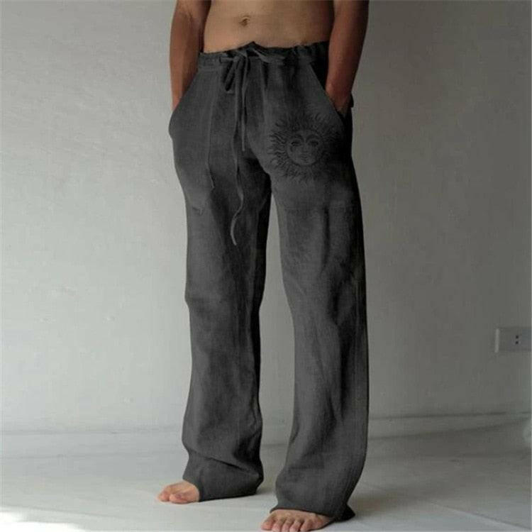 Casual Men&#39;s Cotton Linen Pants Fashion Solid Pocket Drawstring Baggy Trousers Comfort Loose Wide Leg Pant Streetwear Sweatpants 