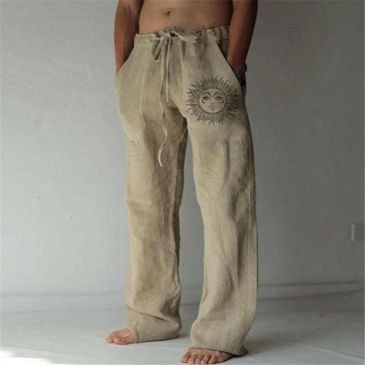 Casual Men&#39;s Cotton Linen Pants Fashion Solid Pocket Drawstring Baggy Trousers Comfort Loose Wide Leg Pant Streetwear Sweatpants 