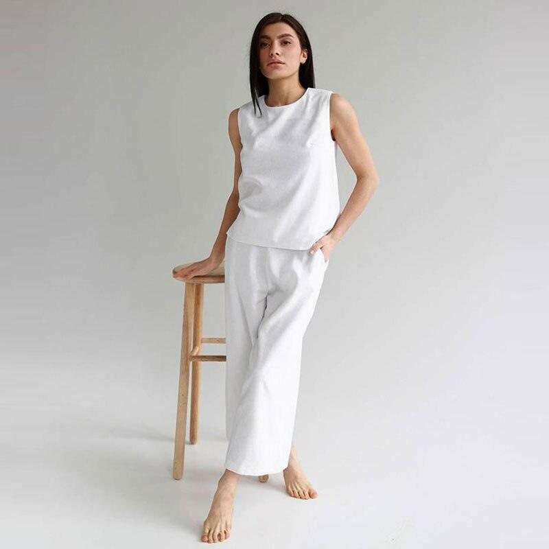 Cotton Linen Sleeveless Women Pants Suit 