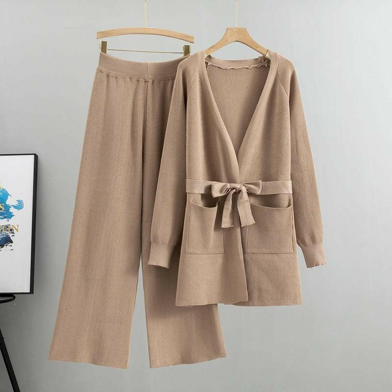 Women’s Knitted Long Sleeve Sweater And Wide Leg Pants Set |