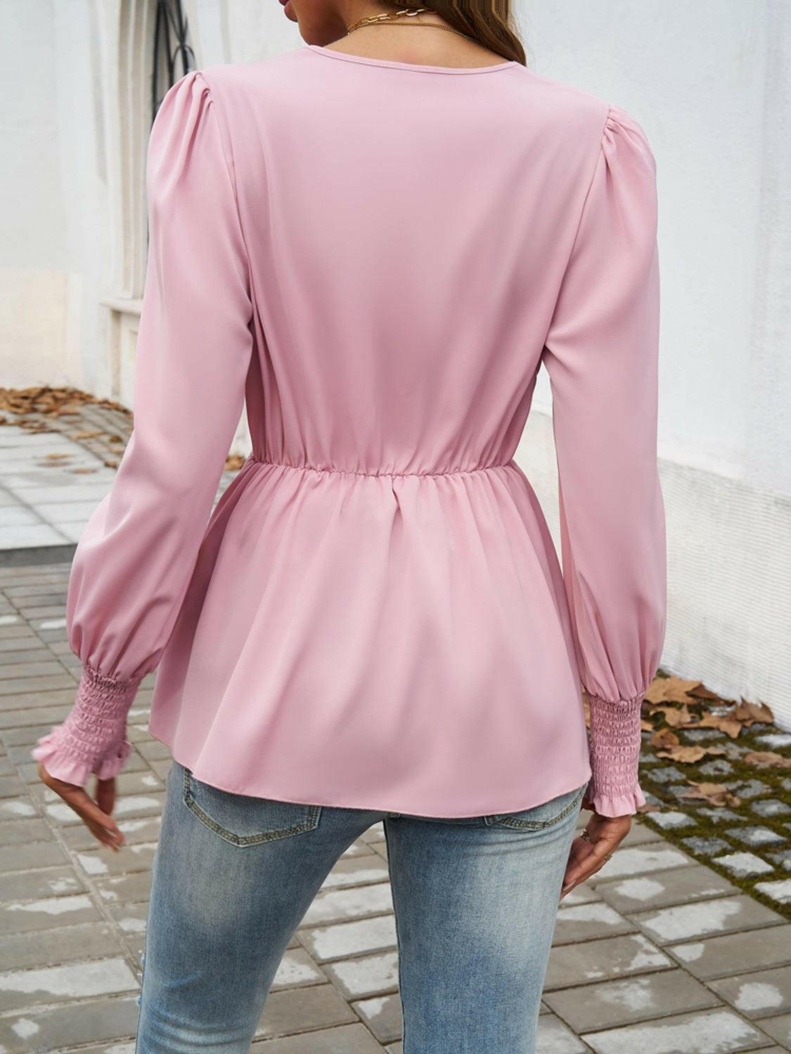 Smocked Surplice Long Sleeve Blouse for Elegance