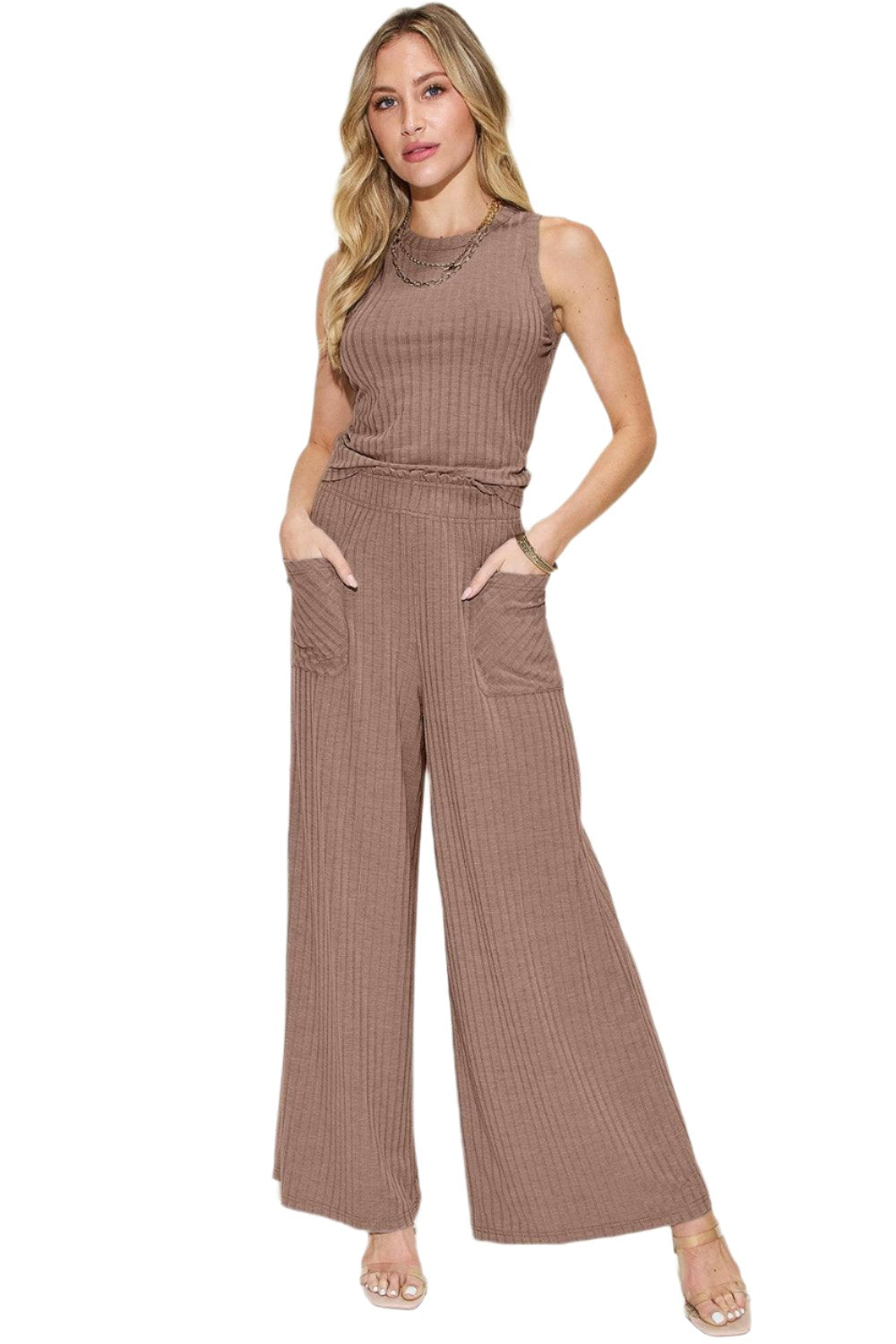 Full Size Ribbed Tank and Wide Leg Pants Set